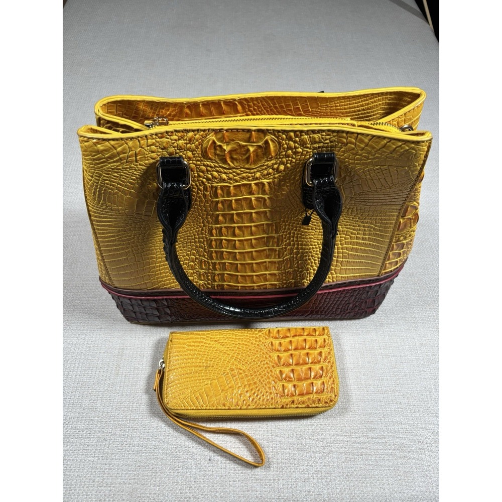 Yellow Croc Embossed Faux Leather Tote Handbag Purse with Matching Wallet